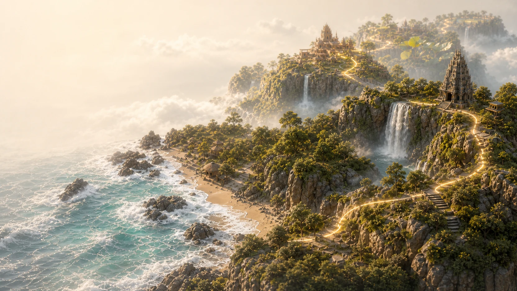 A luminous miniature coast leading through waterfalls toward distant worlds.
