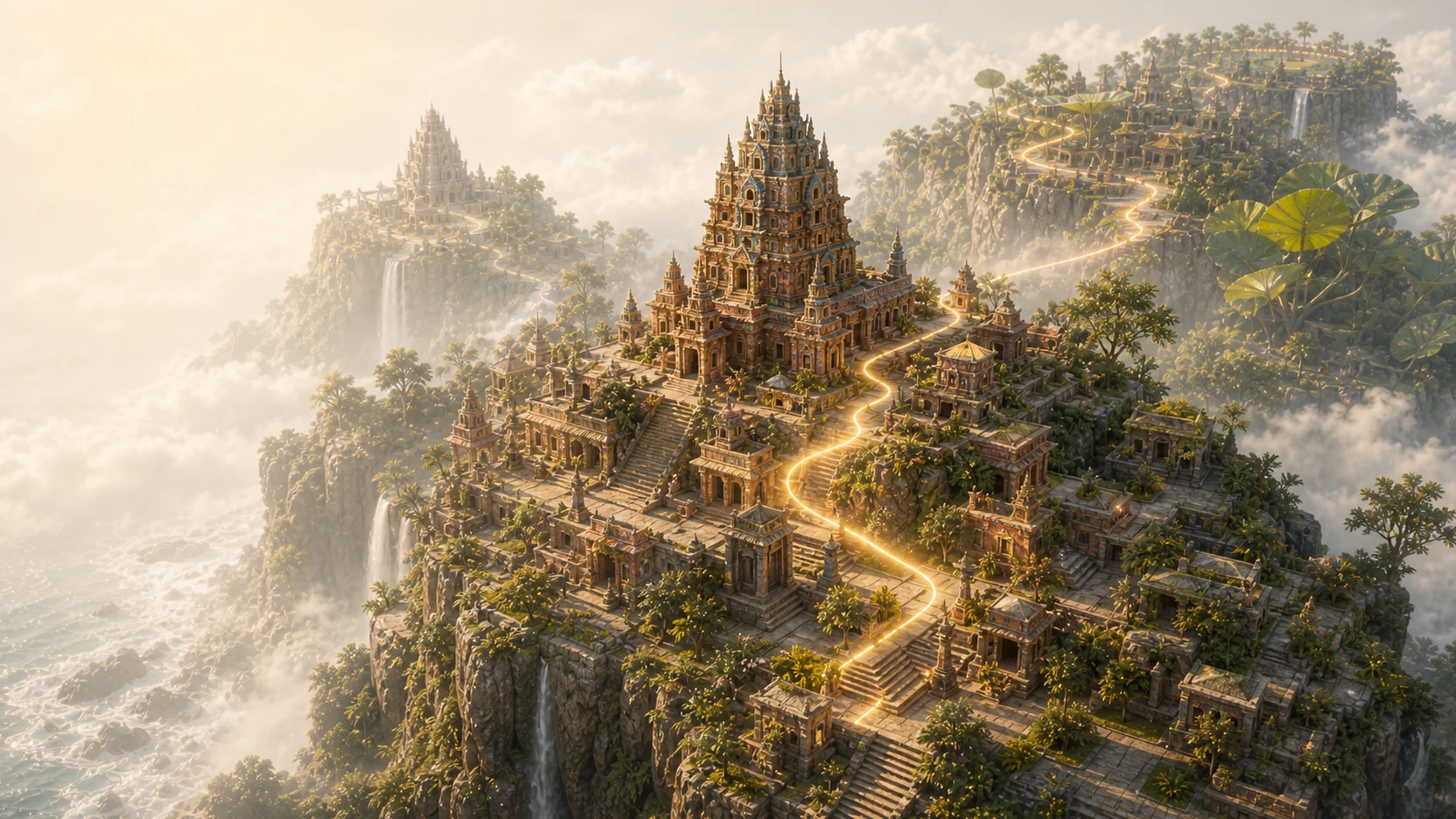 A golden route climbing through a monumental miniature temple landscape.
