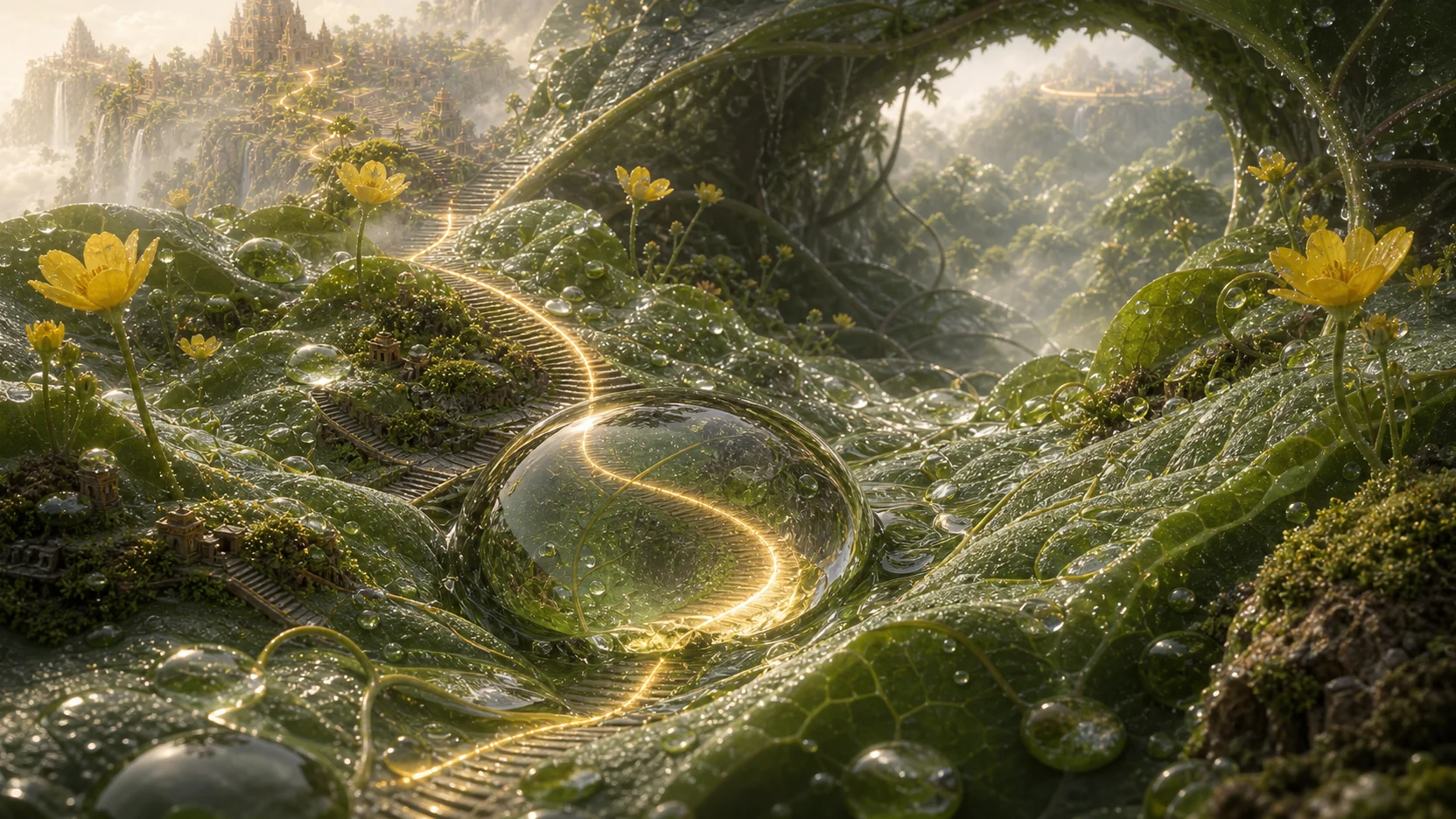 A dew-covered leaf world where a golden path refracts through a giant droplet.