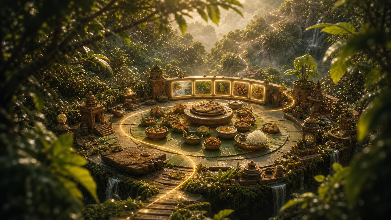 A warm circular gathering where the light resolves into an archive motif.